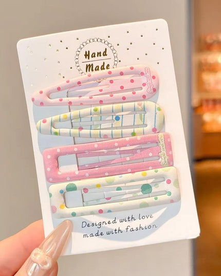 Korean Aesthetic Pastel Pink & Mint Hair Clips Combo for Girls & Women – Printed BB Snap Pins & Rectangle Clips Set of 4 (Polka Dots, Confetti & Striped Plaid) (VT-156)