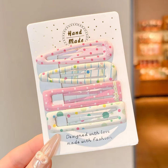 Korean Aesthetic Pastel Pink & Mint Hair Clips Combo for Girls & Women – Printed BB Snap Pins & Rectangle Clips Set of 4 (Polka Dots, Confetti & Striped Plaid) (VT-156)