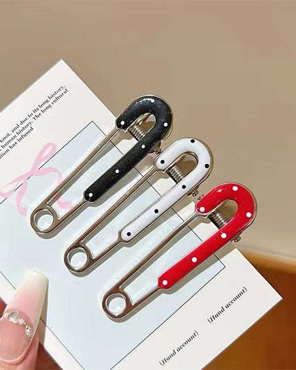 Korean Aesthetic Safety Pin Hair Clips for Girls & Women – Retro Y2K Metal Duckbill Pins Set of 3 (Polka Dot Inlay – Black, White & Red) (VT-157)