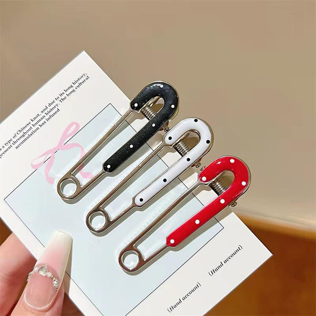 Korean Aesthetic Safety Pin Hair Clips for Girls & Women – Retro Y2K Metal Duckbill Pins Set of 3 (Polka Dot Inlay – Black, White & Red) (VT-157)