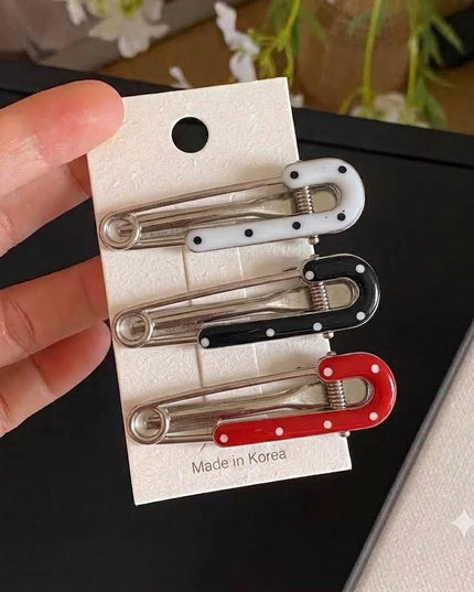 Korean Aesthetic Safety Pin Hair Clips for Girls & Women – Retro Y2K Metal Duckbill Pins Set of 3 (Polka Dot Inlay – Black, White & Red) (VT-157)