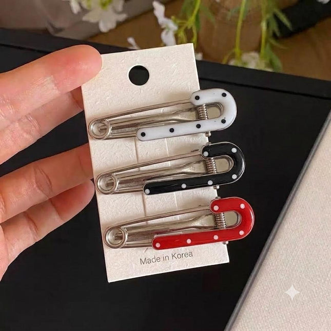 Korean Aesthetic Safety Pin Hair Clips for Girls & Women – Retro Y2K Metal Duckbill Pins Set of 3 (Polka Dot Inlay – Black, White & Red) (VT-157)