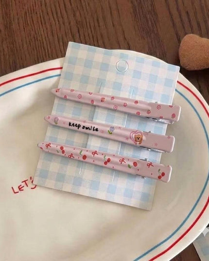 Korean Aesthetic Pastel Pink Slim Alligator Hair Clips for Girls & Women – Printed Flat Metal Styling Pins Set of 3 (Cherries, Cute Bear & Strawberries) (VT-158)