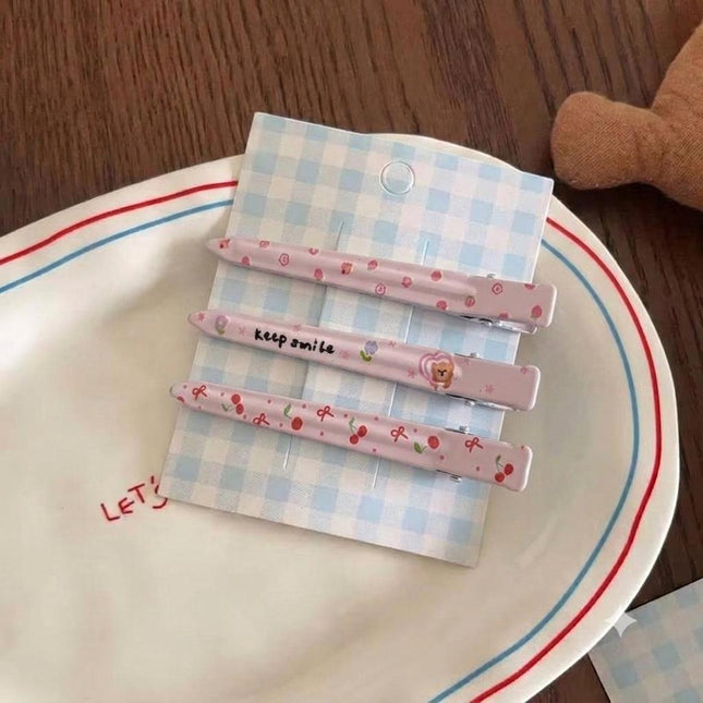 Korean Aesthetic Pastel Pink Slim Alligator Hair Clips for Girls & Women – Printed Flat Metal Styling Pins Set of 3 (Cherries, Cute Bear & Strawberries) (VT-158)