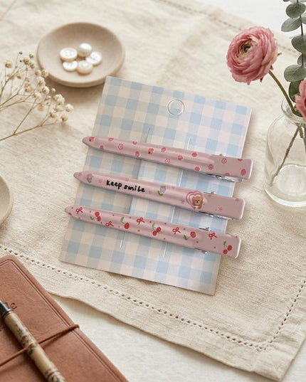 Korean Aesthetic Pastel Pink Slim Alligator Hair Clips for Girls & Women – Printed Flat Metal Styling Pins Set of 3 (Cherries, Cute Bear & Strawberries) (VT-158)