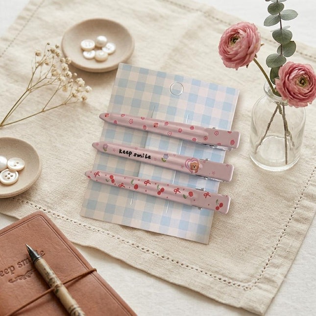 Korean Aesthetic Pastel Pink Slim Alligator Hair Clips for Girls & Women – Printed Flat Metal Styling Pins Set of 3 (Cherries, Cute Bear & Strawberries) (VT-158)
