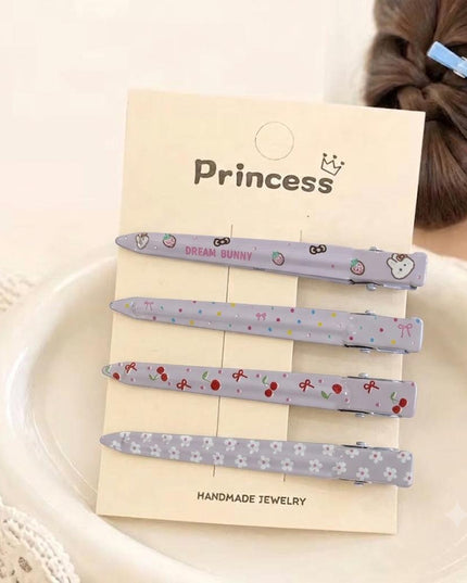 Korean Aesthetic Pastel Lavender Slim Alligator Hair Clips for Girls & Women – Printed Flat Metal Styling Pins Set of 4 (Dream Bunny, Cherries, Bows & Floral Daisies) (VT-159)