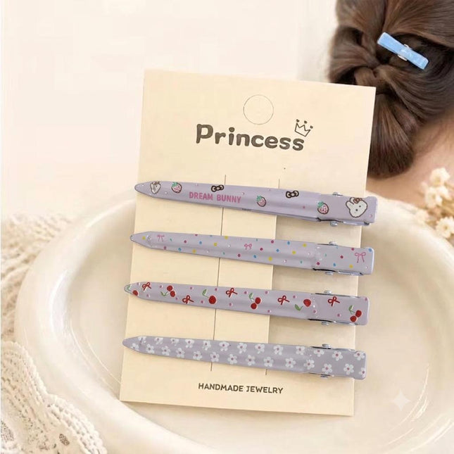 Korean Aesthetic Pastel Lavender Slim Alligator Hair Clips for Girls & Women – Printed Flat Metal Styling Pins Set of 4 (Dream Bunny, Cherries, Bows & Floral Daisies) (VT-159)