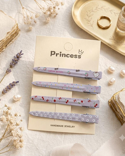 Korean Aesthetic Pastel Lavender Slim Alligator Hair Clips for Girls & Women – Printed Flat Metal Styling Pins Set of 4 (Dream Bunny, Cherries, Bows & Floral Daisies) (VT-159)