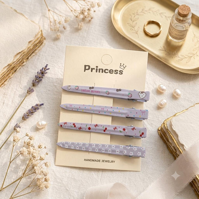 Korean Aesthetic Pastel Lavender Slim Alligator Hair Clips for Girls & Women – Printed Flat Metal Styling Pins Set of 4 (Dream Bunny, Cherries, Bows & Floral Daisies) (VT-159)
