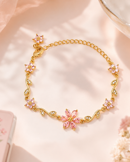 Cherry Blossom Crystal Bracelet | Gold Pink Flower Charm Bracelet for Women | Korean Aesthetic Gift Jewellery (VT-19)