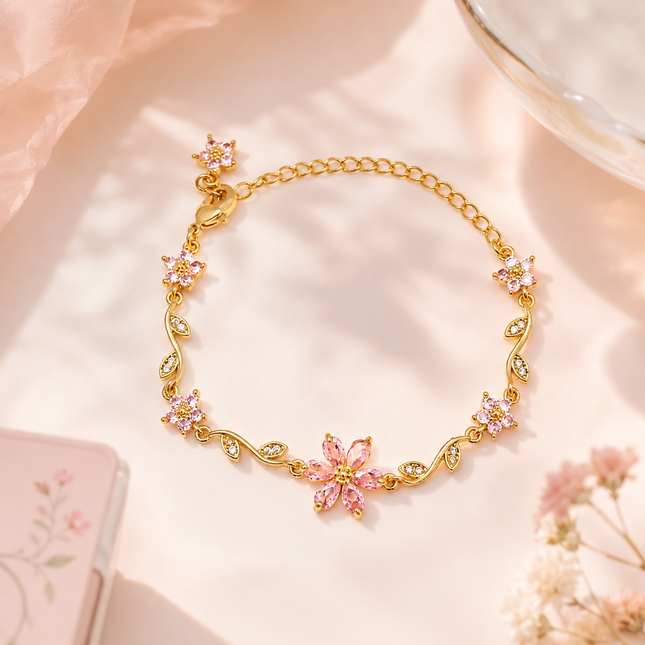 Cherry Blossom Crystal Bracelet | Gold Pink Flower Charm Bracelet for Women | Korean Aesthetic Gift Jewellery (VT-19)