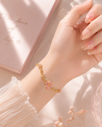 Cherry Blossom Crystal Bracelet | Gold Pink Flower Charm Bracelet for Women | Korean Aesthetic Gift Jewellery (VT-19)