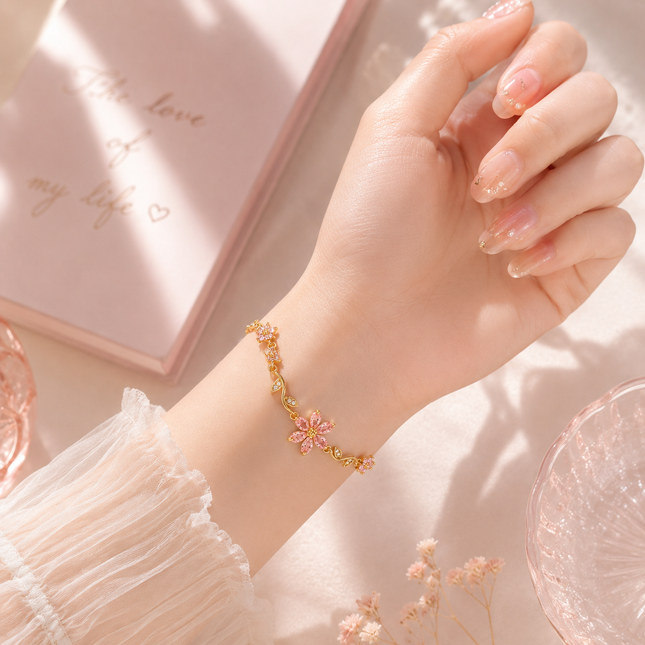Cherry Blossom Crystal Bracelet | Gold Pink Flower Charm Bracelet for Women | Korean Aesthetic Gift Jewellery (VT-19)