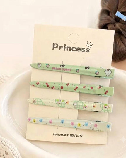 Korean Aesthetic Pastel Green Slim Alligator Hair Clips for Girls & Women – Printed Flat Metal Styling Pins Set of 4 (Dream Bunny, Cherries, Plaid & Cute Bears) (VT-160)