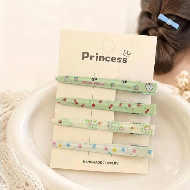 Korean Aesthetic Pastel Green Slim Alligator Hair Clips for Girls & Women – Printed Flat Metal Styling Pins Set of 4 (Dream Bunny, Cherries, Plaid & Cute Bears) (VT-160)