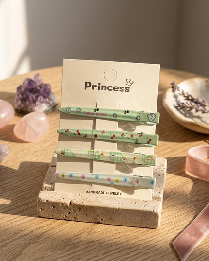 Korean Aesthetic Pastel Green Slim Alligator Hair Clips for Girls & Women – Printed Flat Metal Styling Pins Set of 4 (Dream Bunny, Cherries, Plaid & Cute Bears) (VT-160)