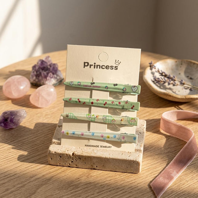 Korean Aesthetic Pastel Green Slim Alligator Hair Clips for Girls & Women – Printed Flat Metal Styling Pins Set of 4 (Dream Bunny, Cherries, Plaid & Cute Bears) (VT-160)