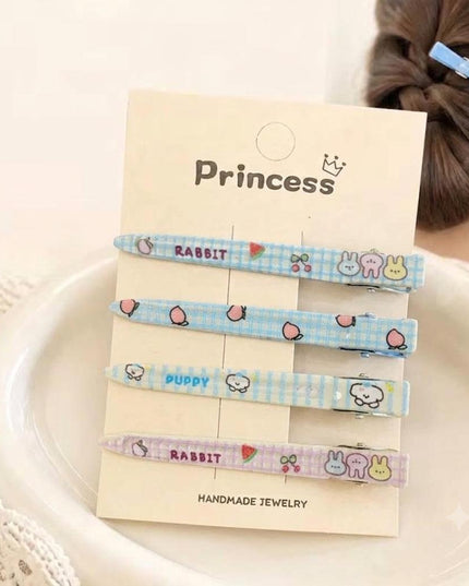 Korean Aesthetic Pastel Blue & Lilac Slim Alligator Hair Clips for Girls & Women – Printed Flat Metal Styling Pins Set of 4 (Cute Rabbit, Puppy & Gingham Plaid) (VT-161)