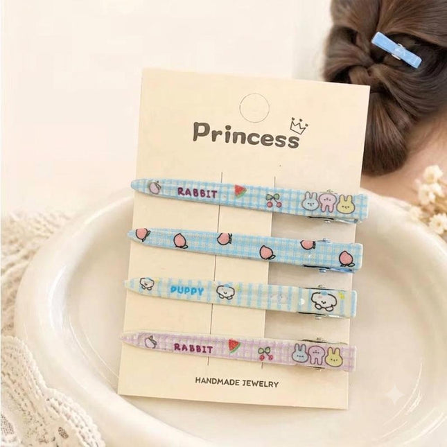 Korean Aesthetic Pastel Blue & Lilac Slim Alligator Hair Clips for Girls & Women – Printed Flat Metal Styling Pins Set of 4 (Cute Rabbit, Puppy & Gingham Plaid) (VT-161)