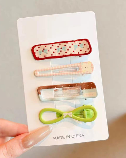 Korean Aesthetic Multi-Design Hair Clips Combo for Girls & Women – Printed BB Snap Pins, Cutout Clips & Bow Hairpin Set of 4 (Polka Dots, Gingham Bear & Lime Green Bow) (VT-162)