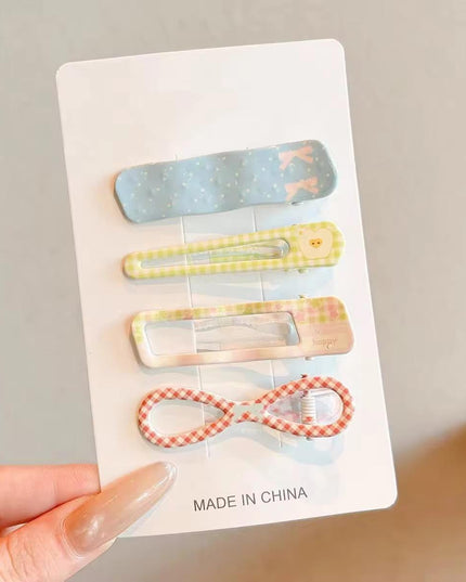 Korean Aesthetic Pastel Mixed Hair Clips Combo for Girls & Women – Printed BB Snap Pins, Cutout Clips & Checkered Bow Hairpin Set of 4 (Ribbons, Gingham Plaid & Cute Bear) (VT-163)