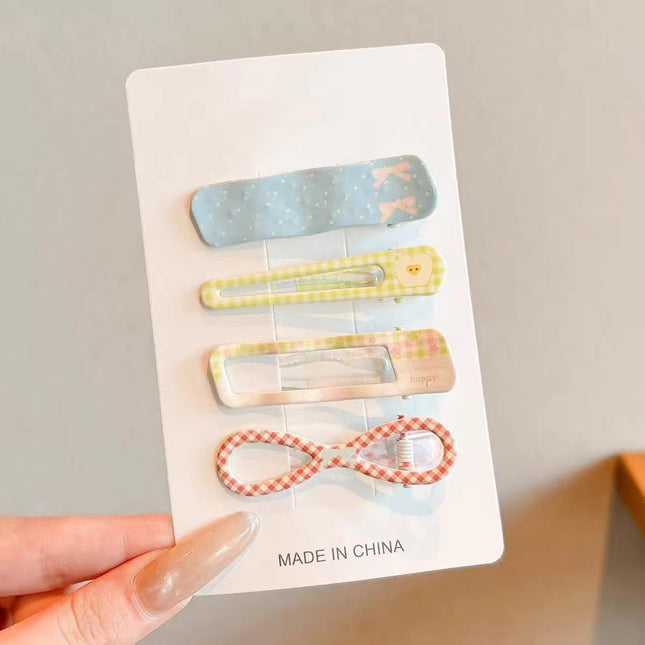 Korean Aesthetic Pastel Mixed Hair Clips Combo for Girls & Women – Printed BB Snap Pins, Cutout Clips & Checkered Bow Hairpin Set of 4 (Ribbons, Gingham Plaid & Cute Bear) (VT-163)