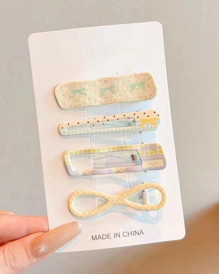 Korean Aesthetic Pastel Yellow & Mint Hair Clips Combo for Girls & Women – Printed BB Snap Pins, Cutout Clips & Checkered Bow Hairpin Set of 4 (Ribbon Bows, Polka Dots & Gingham Plaid) (VT-164)