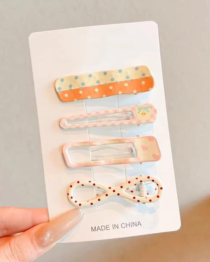 Korean Aesthetic Peach Orange & Pastel Pink Hair Clips Combo for Girls & Women – Printed BB Snap Pins, Cutout Clips & Dotted Bow Hairpin Set of 4 (Polka Dots, Stars & Plaid Chick) (VT-165)