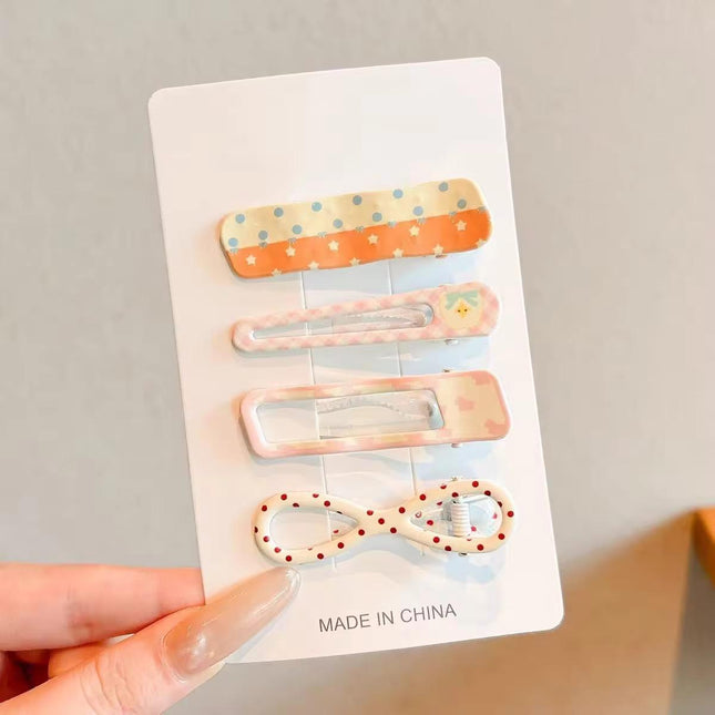Korean Aesthetic Peach Orange & Pastel Pink Hair Clips Combo for Girls & Women – Printed BB Snap Pins, Cutout Clips & Dotted Bow Hairpin Set of 4 (Polka Dots, Stars & Plaid Chick) (VT-165)