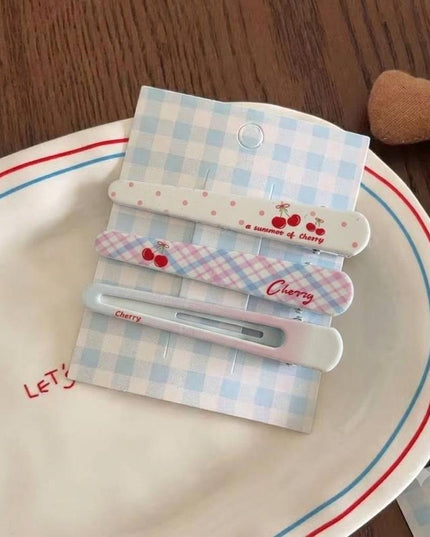 Korean Aesthetic Pastel Cherry Hair Clips Combo for Girls & Women – Printed Flat Alligator Pins & Cutout Duckbill Clip Set of 3 (Plaid Check, Polka Dots & Red Cherries) (VT-166)