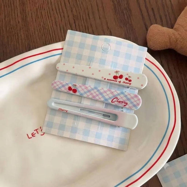 Korean Aesthetic Pastel Cherry Hair Clips Combo for Girls & Women – Printed Flat Alligator Pins & Cutout Duckbill Clip Set of 3 (Plaid Check, Polka Dots & Red Cherries) (VT-166)