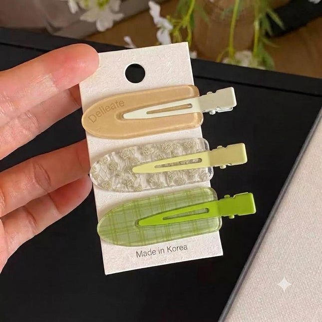 Korean Aesthetic Pastel Sage Green & Butter Yellow Hair Clips for Girls & Women – Acrylic Duckbill Pins Set of 3 (Floral Lace, Plaid Gingham & Minimalist Text) (VT-168)