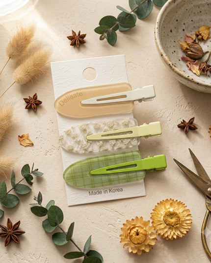 Korean Aesthetic Pastel Sage Green & Butter Yellow Hair Clips for Girls & Women – Acrylic Duckbill Pins Set of 3 (Floral Lace, Plaid Gingham & Minimalist Text) (VT-168)