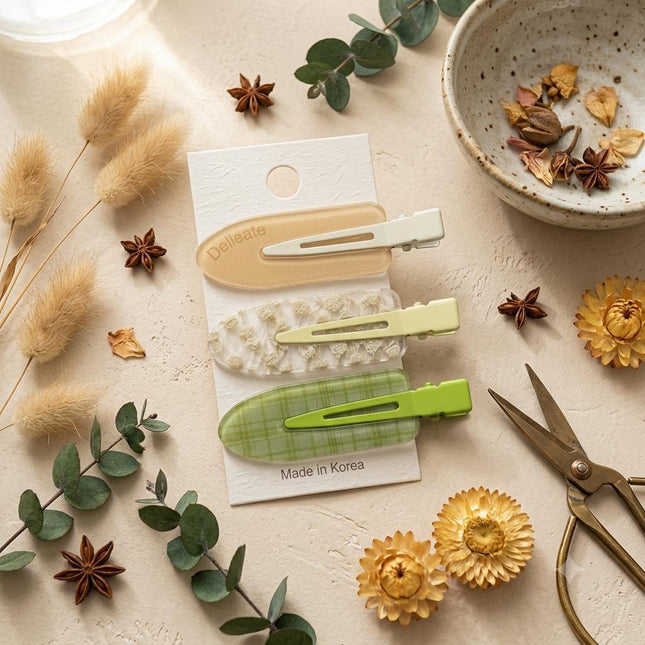 Korean Aesthetic Pastel Sage Green & Butter Yellow Hair Clips for Girls & Women – Acrylic Duckbill Pins Set of 3 (Floral Lace, Plaid Gingham & Minimalist Text) (VT-168)