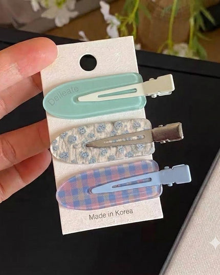 Korean Aesthetic Pastel Mint & Periwinkle Blue Hair Clips for Girls & Women – Acrylic Duckbill Pins & Fabric Alligator Clip Set of 3 (Floral Lace & Gingham Plaid)