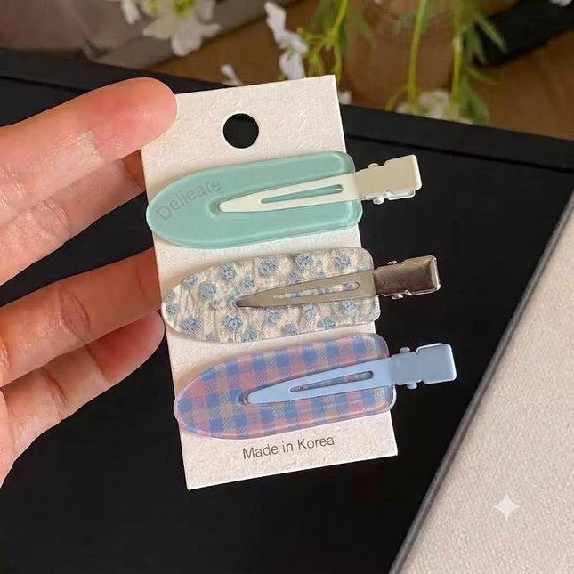 Korean Aesthetic Pastel Mint & Periwinkle Blue Hair Clips for Girls & Women – Acrylic Duckbill Pins & Fabric Alligator Clip Set of 3 (Floral Lace & Gingham Plaid)