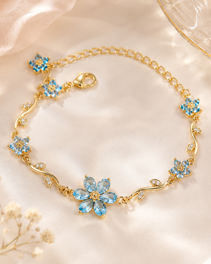 Blue Crystal Flower Bracelet | Gold Aqua Floral Charm Bracelet for Women | Korean Aesthetic Gift Jewellery (VT-16)