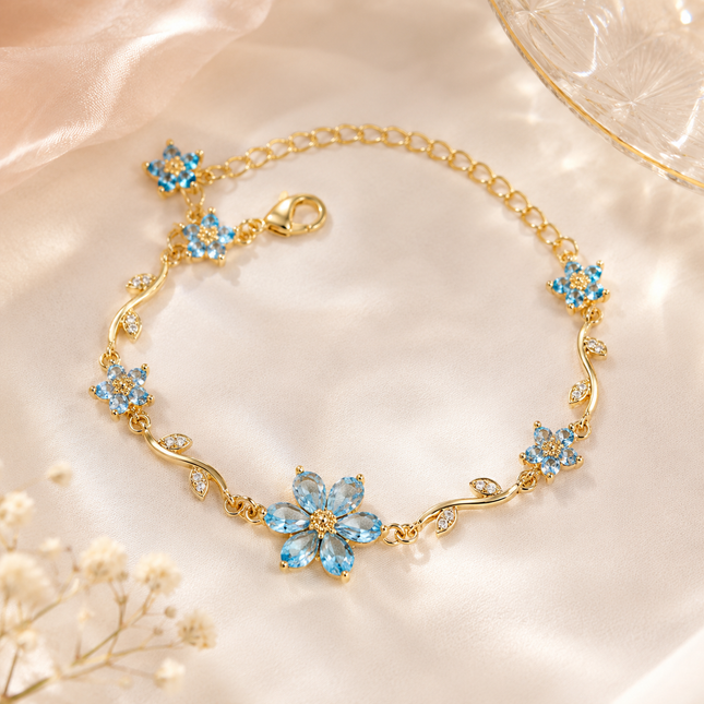 Blue Crystal Flower Bracelet | Gold Aqua Floral Charm Bracelet for Women | Korean Aesthetic Gift Jewellery (VT-16)