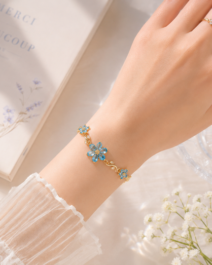 Blue Crystal Flower Bracelet | Gold Aqua Floral Charm Bracelet for Women | Korean Aesthetic Gift Jewellery (VT-16)