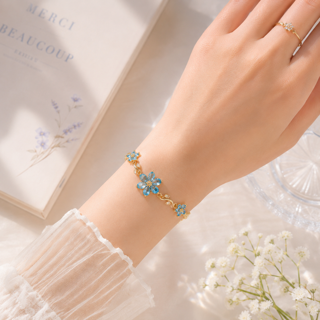 Blue Crystal Flower Bracelet | Gold Aqua Floral Charm Bracelet for Women | Korean Aesthetic Gift Jewellery (VT-16)