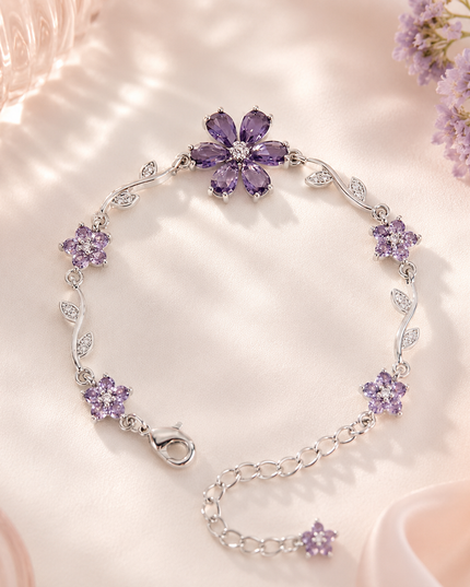 Purple Amethyst Crystal Flower Bracelet | Silver Lavender Floral Charm Bracelet for Women | Korean Aesthetic Gift Jewellery (VT-17)