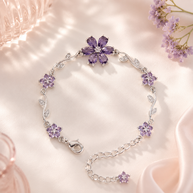 Purple Amethyst Crystal Flower Bracelet | Silver Lavender Floral Charm Bracelet for Women | Korean Aesthetic Gift Jewellery (VT-17)