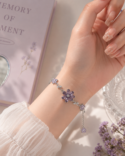 Purple Amethyst Crystal Flower Bracelet | Silver Lavender Floral Charm Bracelet for Women | Korean Aesthetic Gift Jewellery (VT-17)
