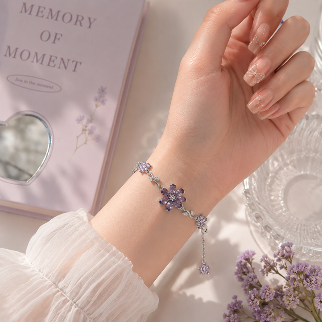 Purple Amethyst Crystal Flower Bracelet | Silver Lavender Floral Charm Bracelet for Women | Korean Aesthetic Gift Jewellery (VT-17)