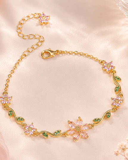 Pink & Green Crystal Flower Bracelet | Gold Garden Floral Charm Bracelet for Women | Korean Aesthetic Gift Jewellery (VT-18)