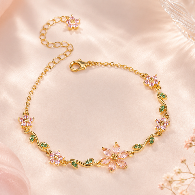 Pink & Green Crystal Flower Bracelet | Gold Garden Floral Charm Bracelet for Women | Korean Aesthetic Gift Jewellery (VT-18)