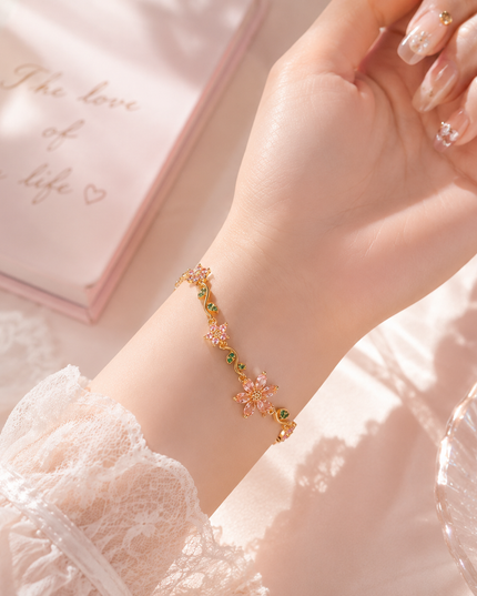 Pink & Green Crystal Flower Bracelet | Gold Garden Floral Charm Bracelet for Women | Korean Aesthetic Gift Jewellery (VT-18)