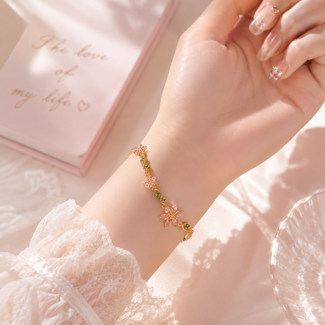 Pink & Green Crystal Flower Bracelet | Gold Garden Floral Charm Bracelet for Women | Korean Aesthetic Gift Jewellery (VT-18)