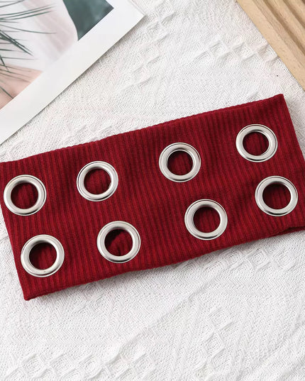 Y2K Punk Grommet Headband for Women & Girls | Wine Red Wide Knitted Band with Silver Metal Hollow Rings | Streetwear Hair Accessory (VT-25)